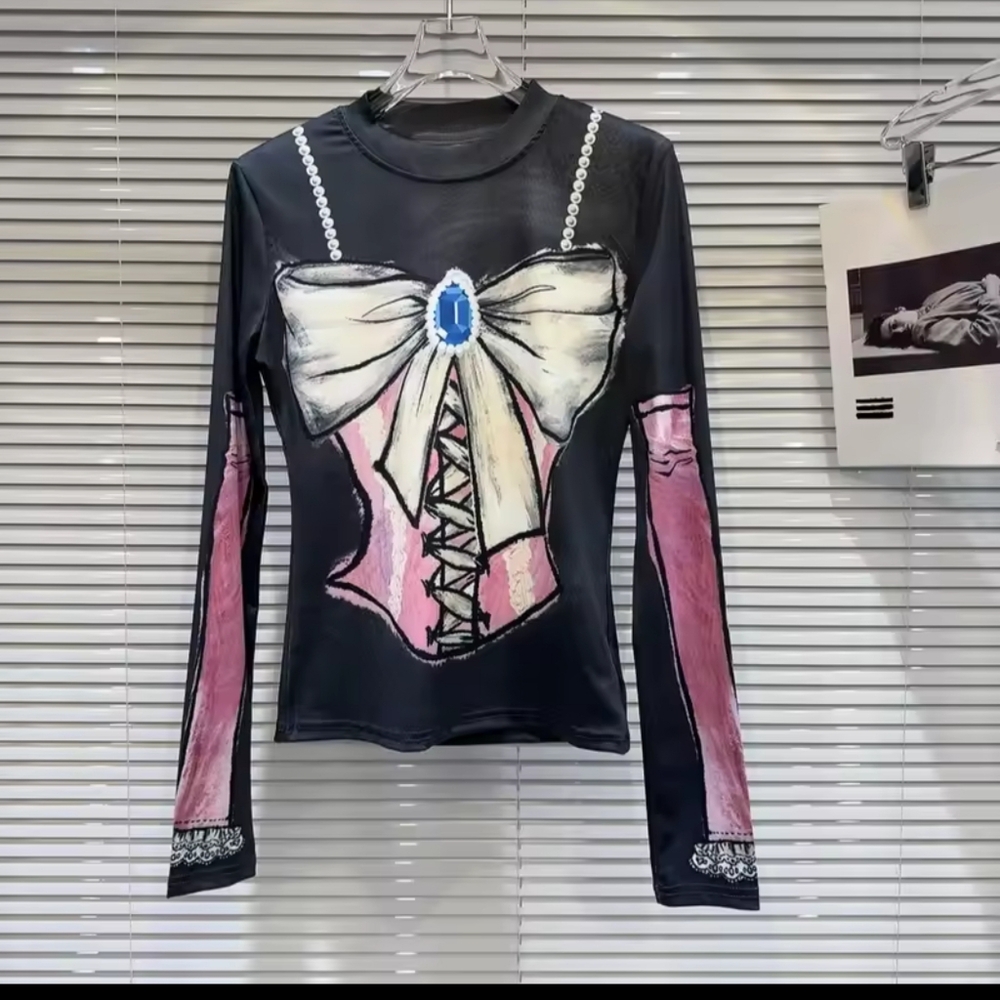 New Items T-shirt For Women colorful print Bow Mesh Long Sleeve Stretch Fashion - Picture 3 of 7